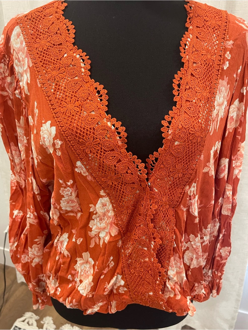 Orange Floral Crochet Trim V-Neck Blouse